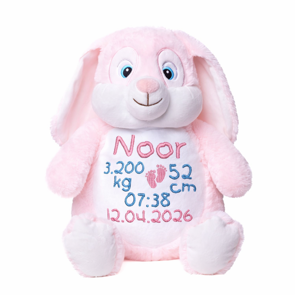 Geboorteknuffel babyroze konijn zacht pluche geborduurd met naam – voorkant
