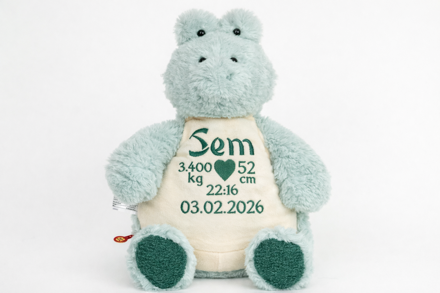 Geboorteknuffel baby alligator zacht pluche geborduurd met naam – voorkant