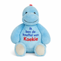 Blauwe baby dino knuffel zacht pluche geborduurd met naam – voorkant