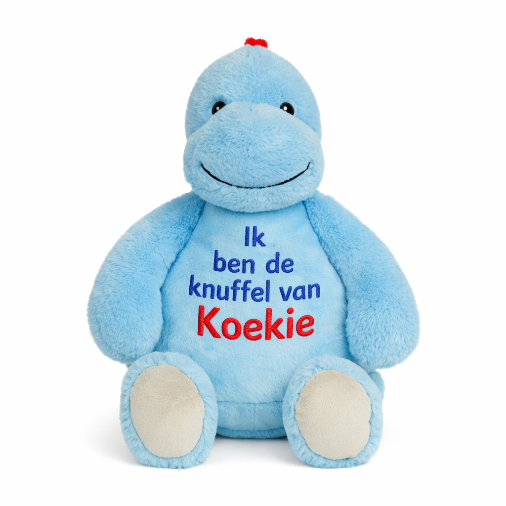 Blauwe baby dino knuffel zacht pluche geborduurd met naam – voorkant