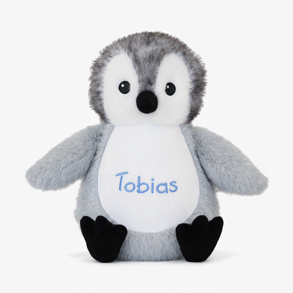 Pinguïn knuffel, gepersonaliseerd met naam zacht pluche voor baby's – als cadeau voorkant