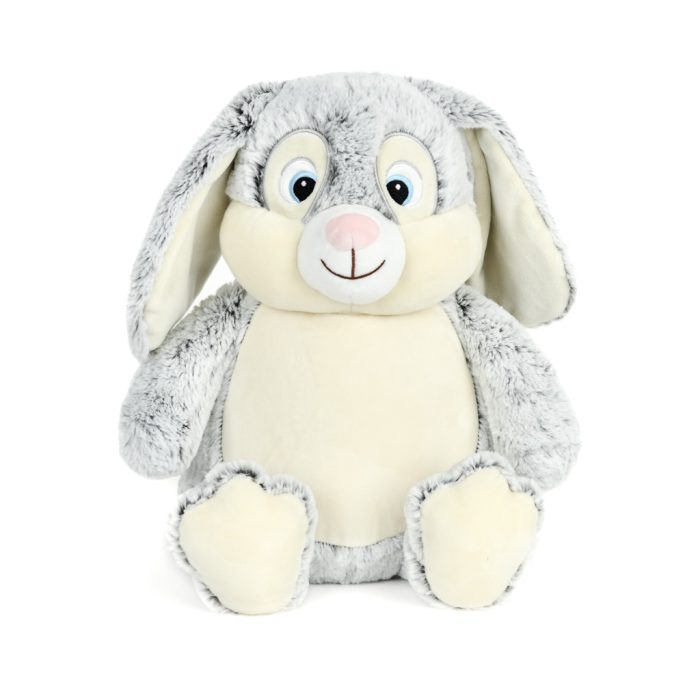 Grijs konijn knuffel met slappe oren en crème buikje – gepersonaliseerde geboorteknuffel