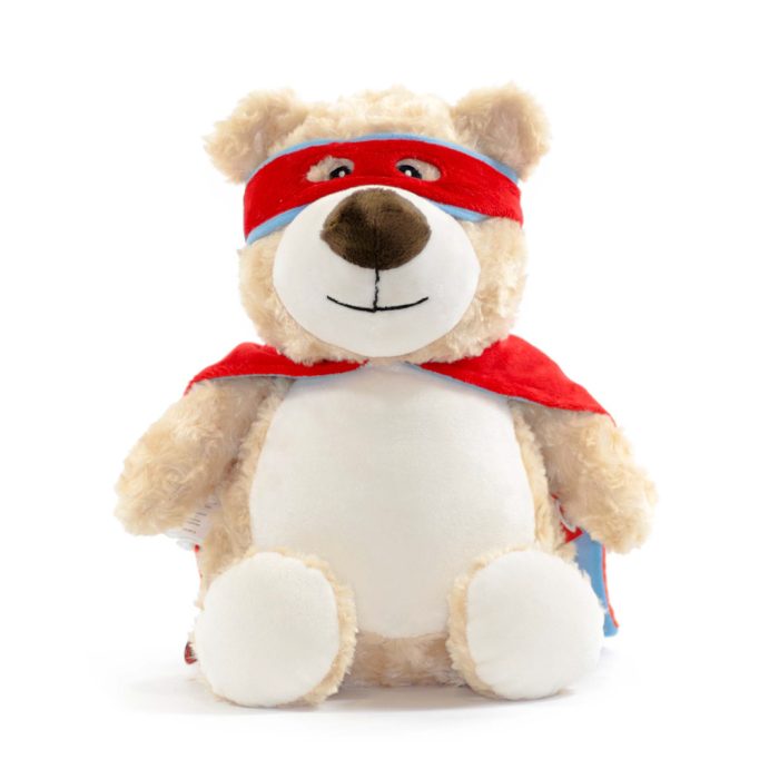 Zandkleurige superheld beer knuffel met rode cape en rood-blauw masker – gepersonaliseerde geboorteknuffel