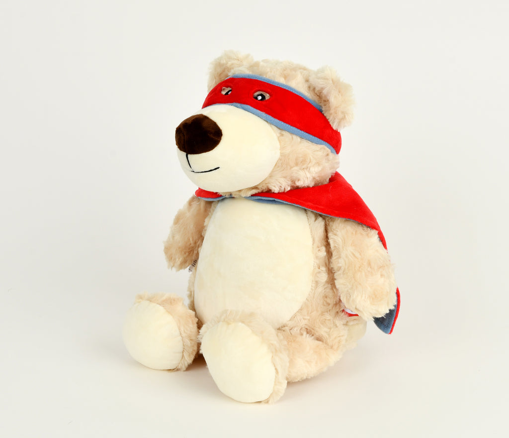 Geboorteknuffel superheld beer met rode cape zijkant – knuffel met naam borduren