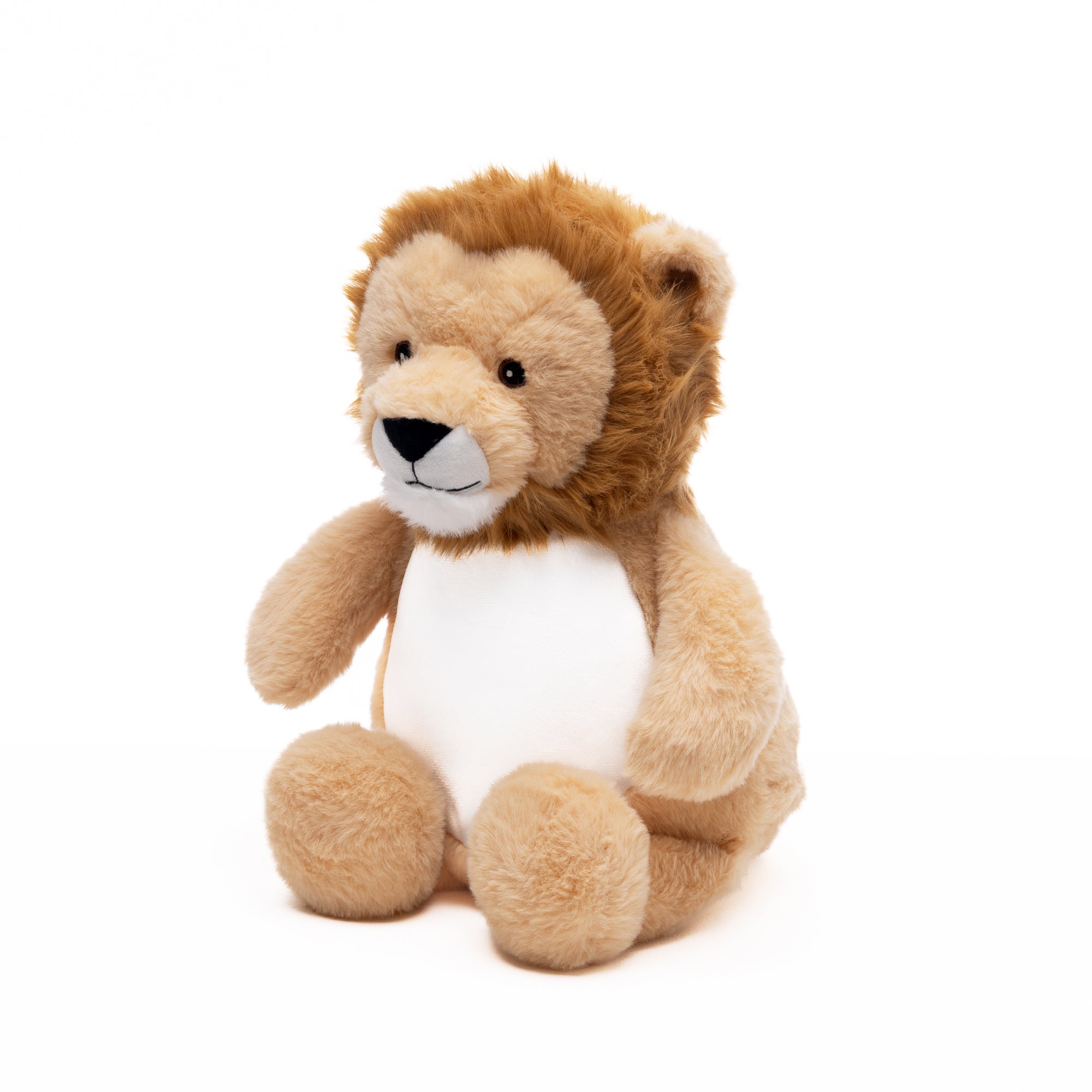 Geboorteknuffel leeuw met wit buikje, zijkant, voor personalisatie met naam en geboortedatum – Plush with a Mission